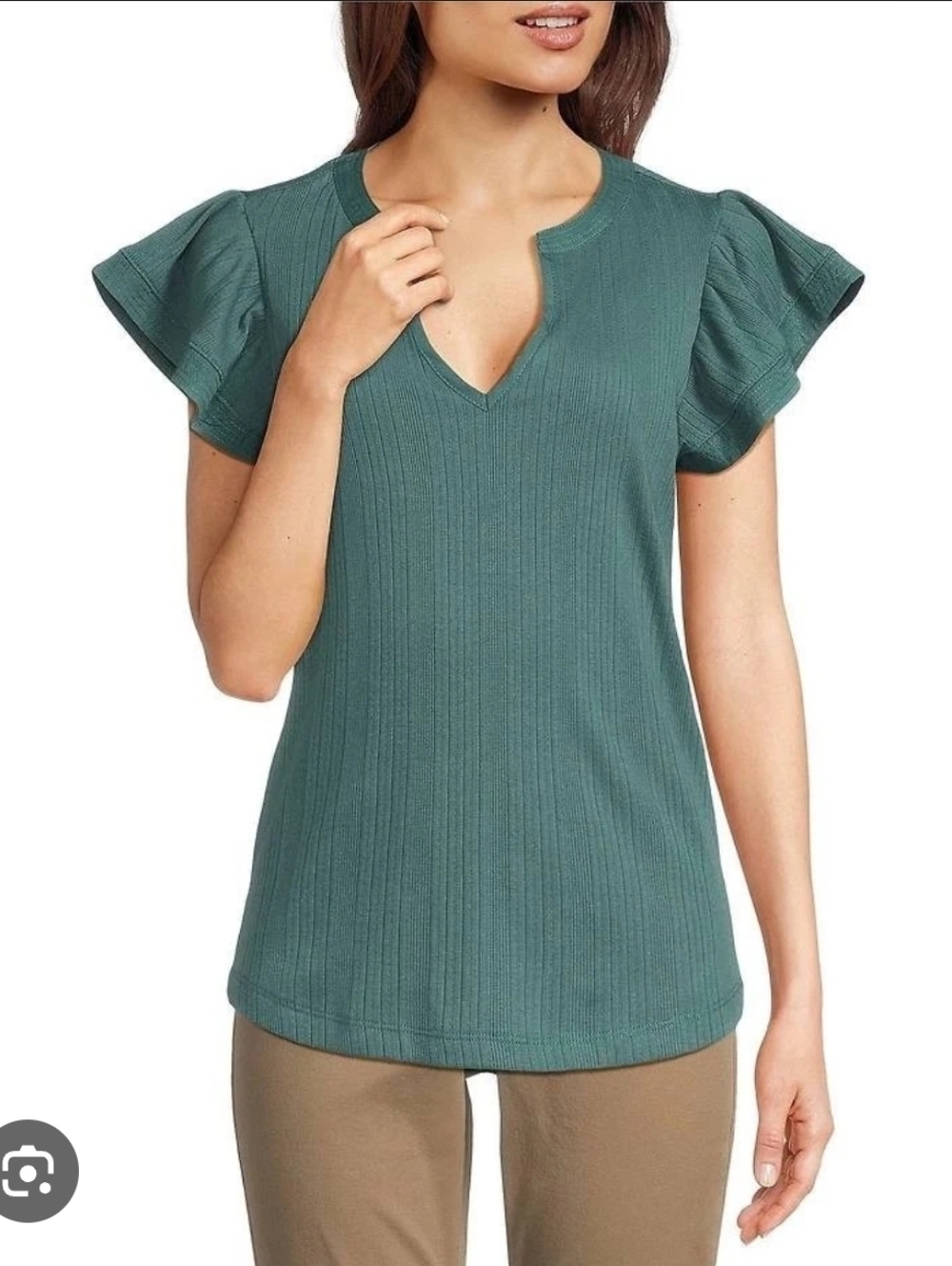 Democracy Emerald Ribbed V-Notch Flutter Sleeve Top Shirt Petite Size M